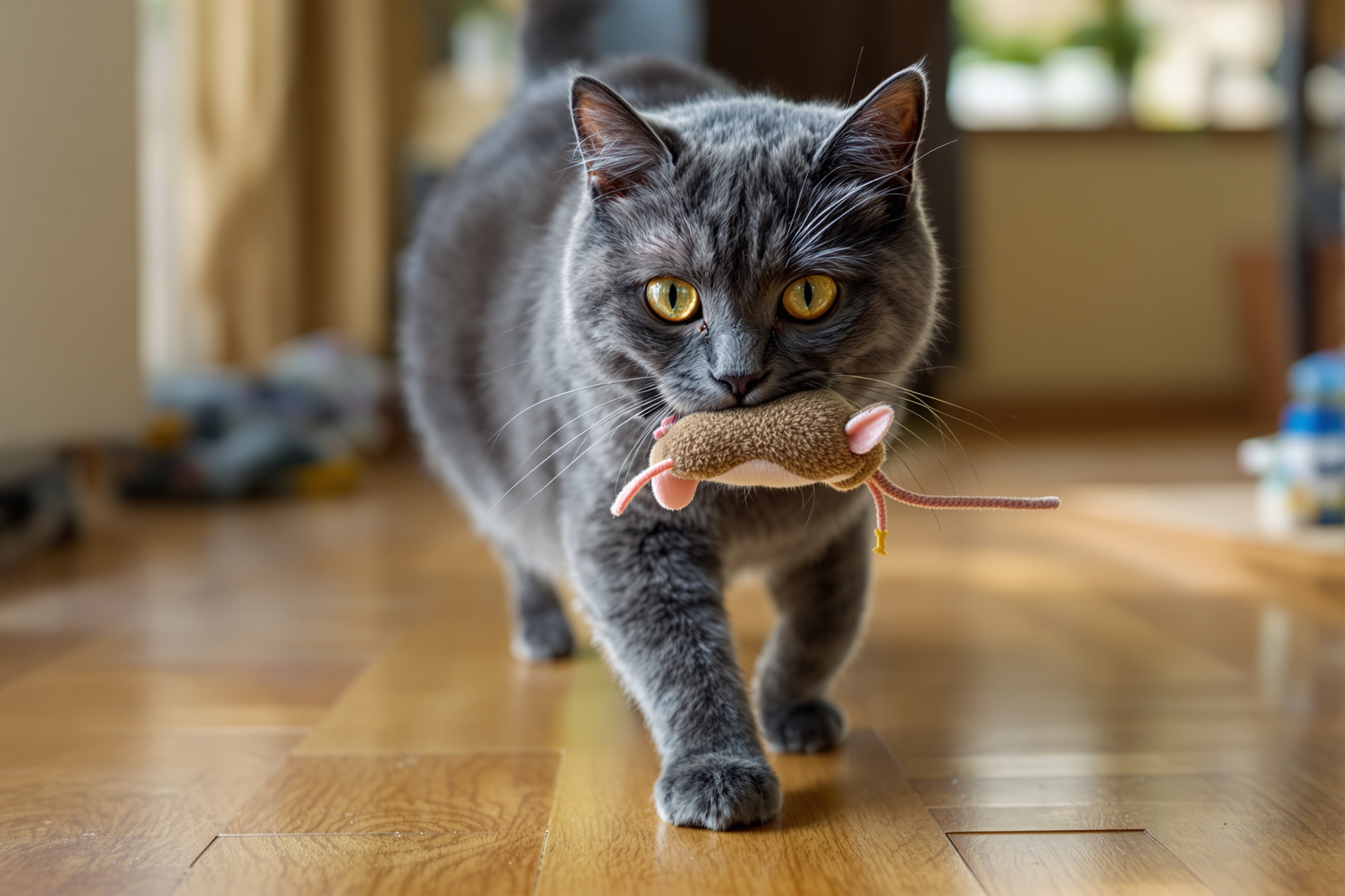 A British Shorthair carrying a toy gift - Ximeow Cattery Singapore
