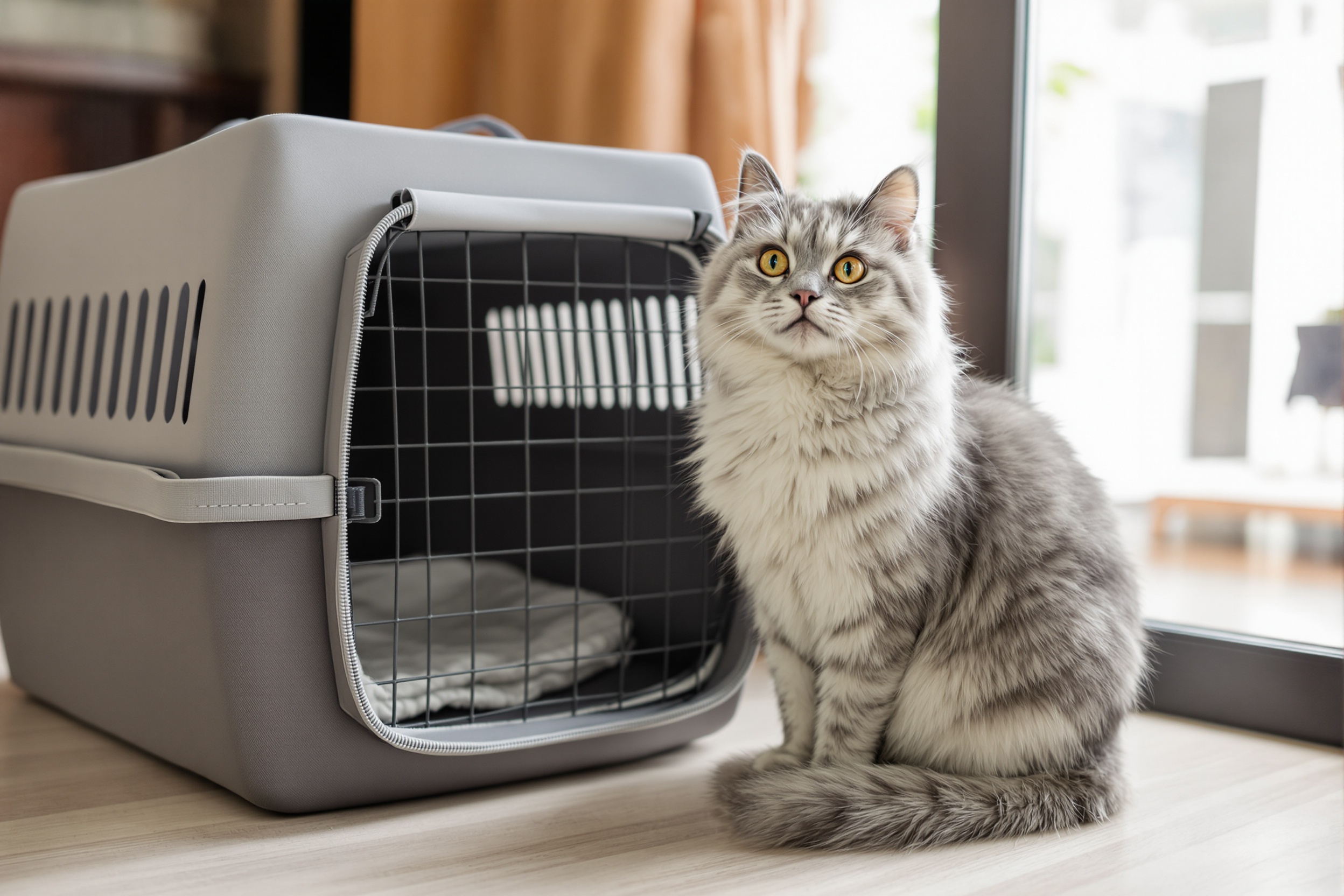A British Shorthair cat beside a pet carrier - Ximeow Cattery Singapore