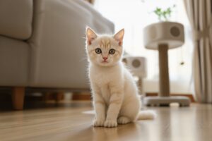A cream British Shorthair kitten in a Singapore HDB apartment - Ximeow Cattery