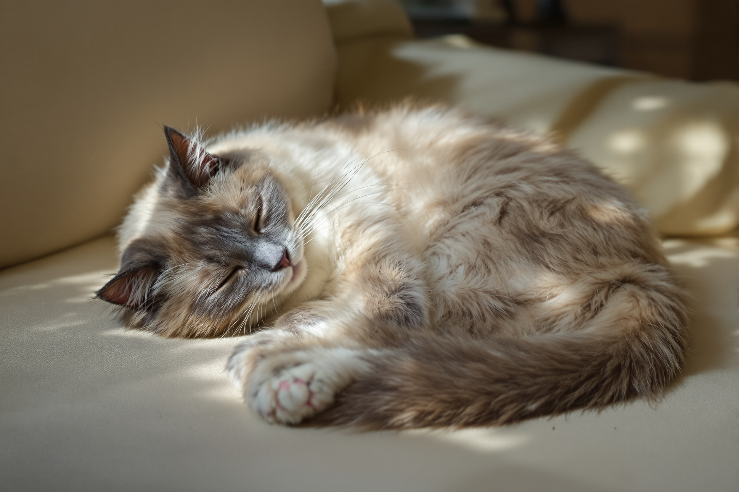 A Ragdoll cat curled up purring - Ximeow Cattery Singapore