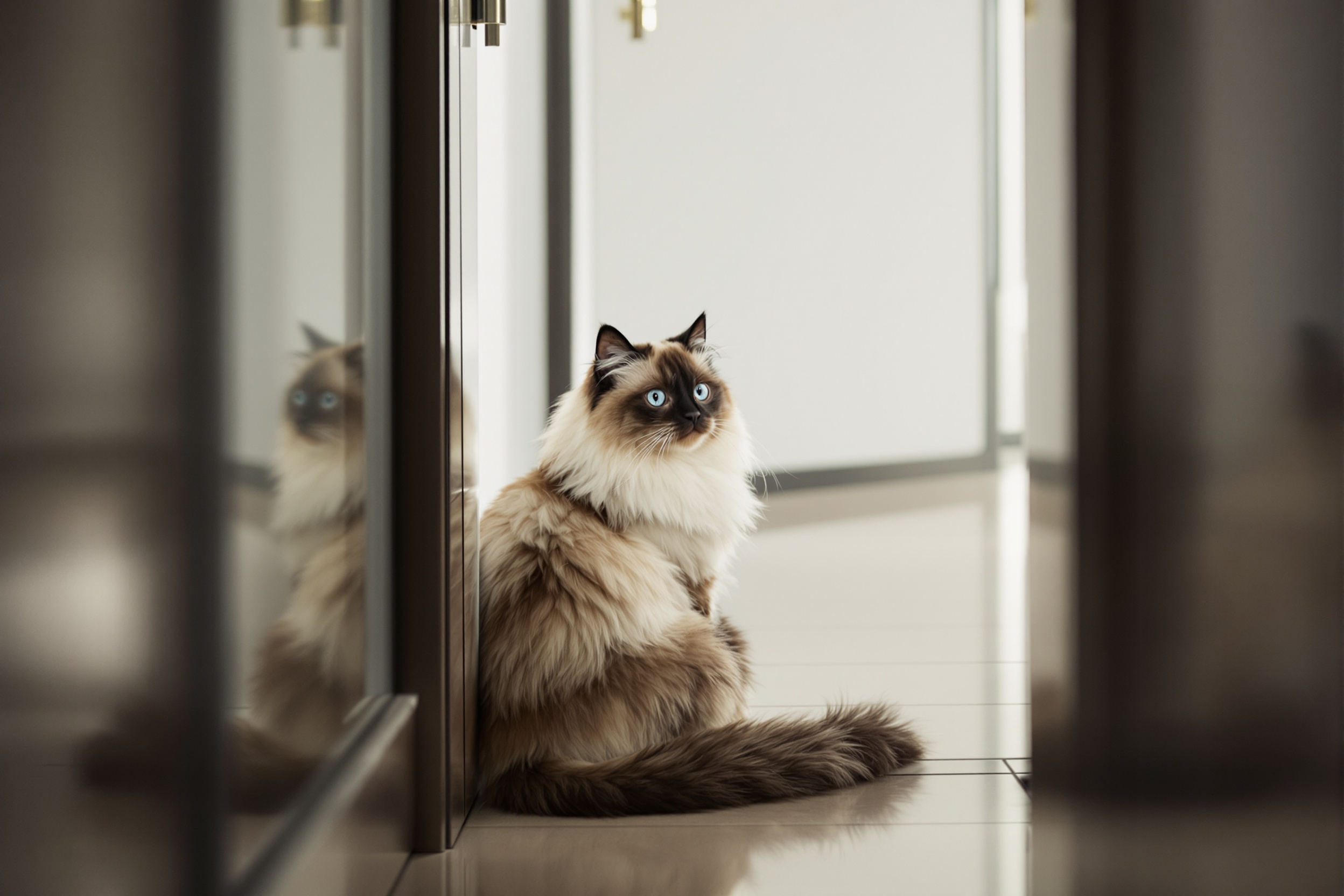 A Ragdoll cat watching from a doorway - Ximeow Cattery Singapore