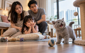 Alt text Family watching vocal kitten meowing loudly on living room floor.