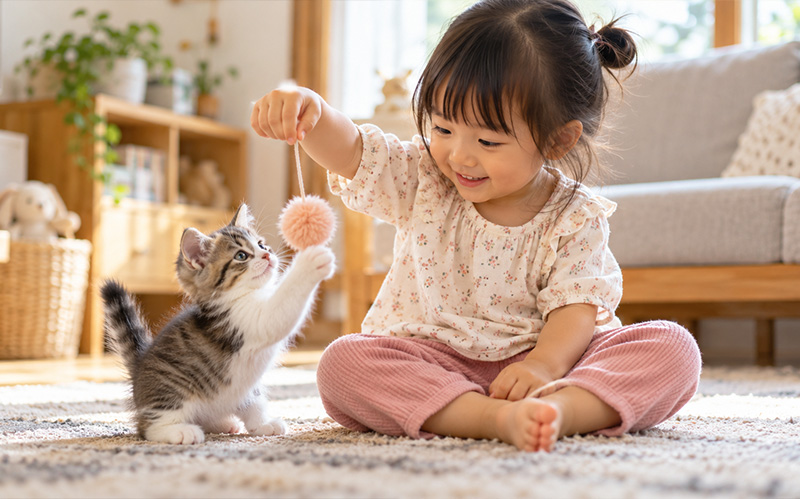 young-girl-playing-with-playful-kitten-using-pompom-toy