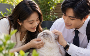 A smiling young couple outdoors gently petting a fluffy white/grey cat with its eyes closed.