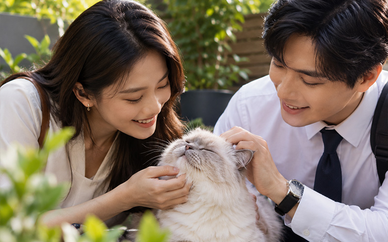 A smiling young couple outdoors gently petting a fluffy white/grey cat with its eyes closed.
