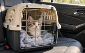 Cute tabby kitten resting inside secure carrier on car seat.