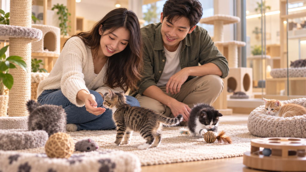 Couple-interacting-with-playful-kittens-in-a-cattery