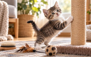 Cute-tabby-kitten-using-a-sisal-scratching-post-indoors