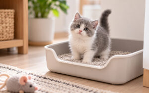 Fluffy-kitten-standing-in-litter-box-during-toilet-training